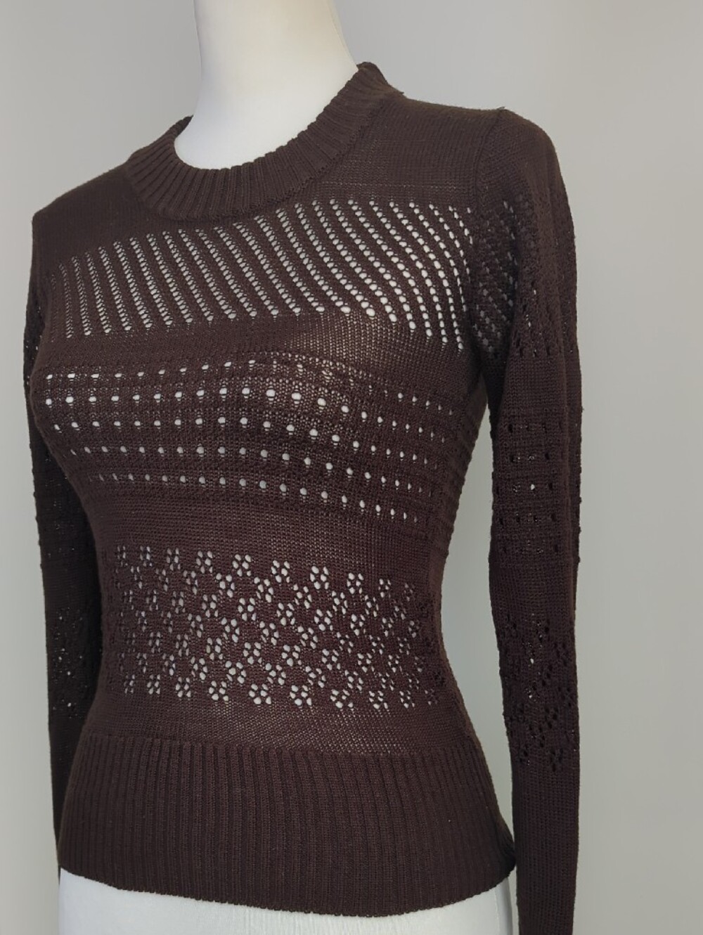 Vintage 70s/80s Open Stitch Spiderweb Long Sleeve Knit Sweater Dark Brown SMALL